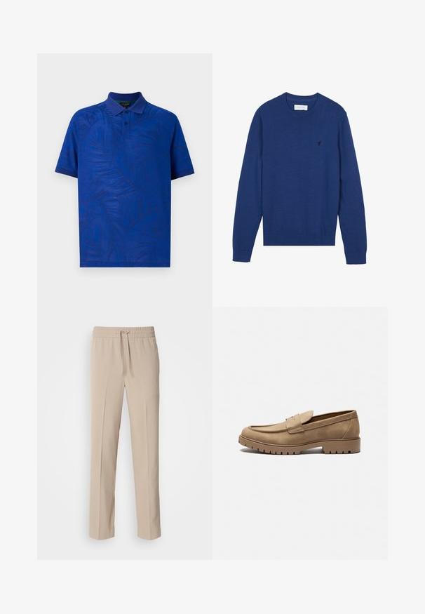 Suéter de punto azul marino con cuello redondo, mangas largas y puños acanalados. Presenta un pequeño logo bordado en el pecho.; Polo de manga corta en azul vibrante con un patrón texturizado de hojas de palma, con cuello y tapeta de tres botones. Tejido suave.; Pantalones beige de corte relajado, hechos de una tela suave, con una cinturilla elástica y cordón ajustable, y piernas rectas con acentos mínimos.; Mocasines de gamuza color marrón claro con punta redondeada, suela plana de goma y costuras decorativas en la parte superior. Presentan un diseño sin cordones para poner y quitar fácilmente.
