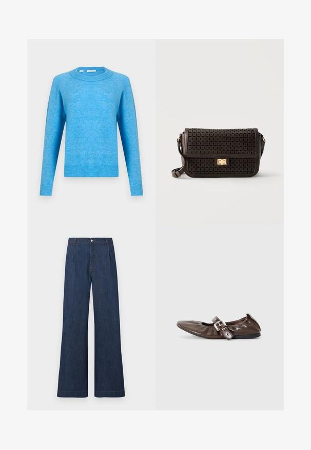 Pull bleu clair à col rond avec manches longues et poignets et ourlet côtelés, présenté sur fond blanc uni.; Jeans en denim bleu foncé à jambes larges, avec des plis à l'avant, des passants pour ceinture et une fermeture par bouton à la taille.; Chaussure plate en cuir verni marron avec un bout pointu, un détail de nœud élastiqué et une accent en boucle en argent sur le côté. Semelle en caoutchouc noir.; Sac bandoulière en cuir marron avec motif floral découpé, fermoir à verrouillage tournant rectangulaire doré et bandoulière réglable.