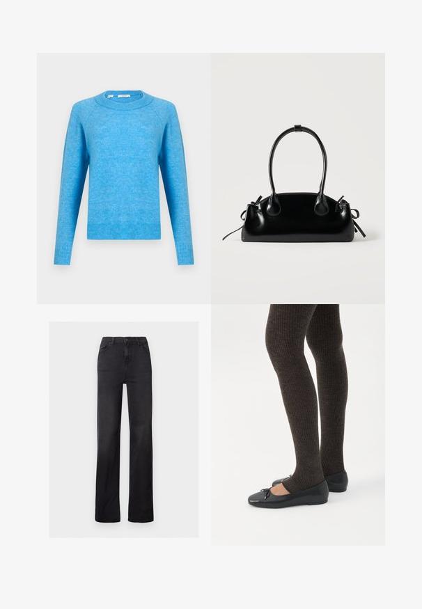 Pull bleu clair à col rond avec manches longues et poignets et ourlet côtelés, présenté sur fond blanc uni.; Jean en denim noir à jambes droites avec une taille haute, un design à cinq poches et des coutures visibles. Texture lisse avec une finition légèrement délavée.; Jambes portant des leggings côtelés foncés associés à des ballerines noires avec de petits détails en nœud sur fond blanc.; Petit sac à main noir brillant avec deux longues anses et des détails à cordon sur les côtés sur un fond clair uni.
