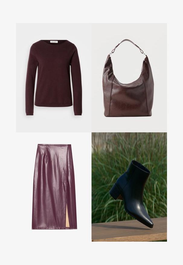 Bordeaux langærmet sweater med rund hals, blød struktur og minimalistisk design. Har ribbede manchetter og lige kant.; Bordeaux farvet faux læder blyantskirt med slidser i siden, glat tekstur og sømdetaljer, der har en tætsiddende silhuet og knælangt design.; Sort læderankelstøvle med spids tå og blokhæl, hvilende på træoverflade, høj grøn græs i baggrunden.; Mørkebrun læder skuldertaske med en enkelt justerbar rem, en let buet top og en lynlåslukning på den ene side.