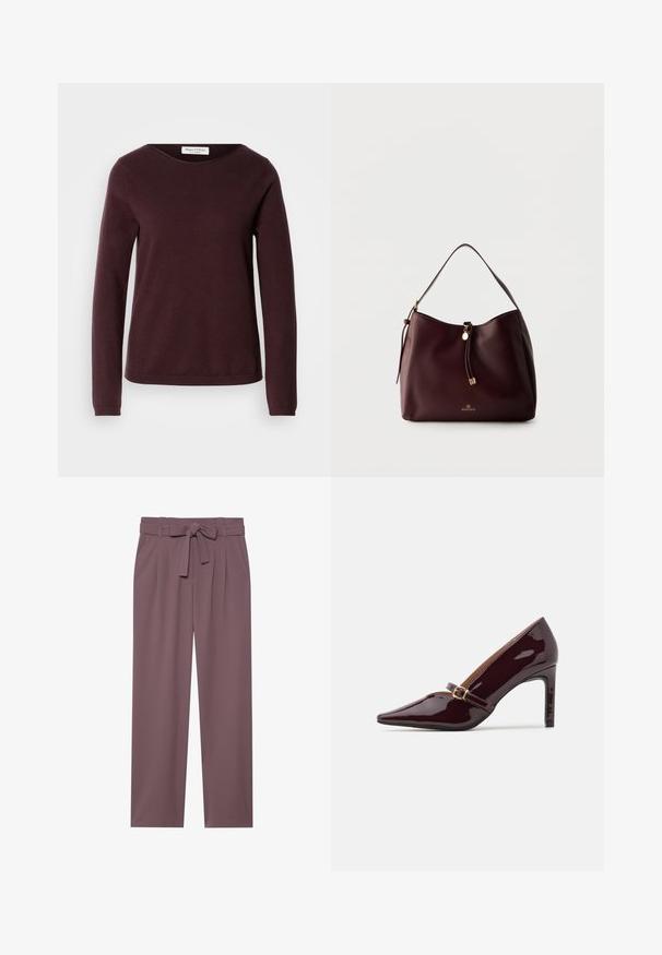 Bordeaux langærmet sweater med rund hals, blød struktur og minimalistisk design. Har ribbede manchetter og lige kant.; Plumfarvede bukser med bred benstørrelse, bæltet talje, plisseret front og glat tekstur. Har sidelommer og skræddersyet design.; Patenteret bordeaux højhælet sko med spidse tæer, ankelrem med guldhardware og en slank, poleret finish. Hævet stilettohæl.; Mørkebrun skuldertaske i læder med fletdet kvast, gulddetaljer og Anna Field-logo foran mod en ensartet lys baggrund.