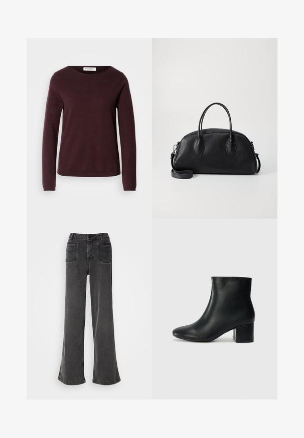 Bordeauxfarbener Pullover mit langen Ärmeln und rundem Halsausschnitt, weicher Textur und minimalistischem Design. Mit gerippten Bündchen und geradem Saum.; Hoch geschnittene, weit geschnittene schwarze Jeans aus Denim, ausgestattet mit einem Knopfverschluss, Gürtelschlaufen und zwei hinteren Taschen mit gestickten Akzenten.; Schwarze Leder-Ankle-Boots mit spitzem Zehenbereich und klobigem Absatz. Glatte Textur mit minimalen Akzenten und einem eleganten, taillierten Design.; Schwarze Lederhandtasche mit runder Form, doppelten Obergriffen, strukturierten Oberflächen und abnehmbarem Schultergurt. Zwei hexagonale Akzente an den Seiten.