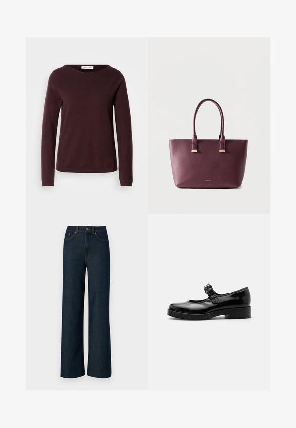 Bordeaux lange mouwen trui met een ronde halslijn, zachte textuur en een minimalistisch ontwerp. Heeft ribbelmanchetten en een rechte zoom.; Kruidige, donkerblauwe denim jeans met brede pijpen, contrasterende oranje stiksels, vijf zakken en een knoopsluiting. Gladtextuur stof.; Zwarte lakleren Mary Jane-schoen met een ronde neus, lage blokhak en een verstelbare gespsluiting over de wreef.; Donkerpaarse leren shopper met twee handvatten en klein gouden merkembleem aan de voorkant, afgebeeld tegen een effen lichte achtergrond.