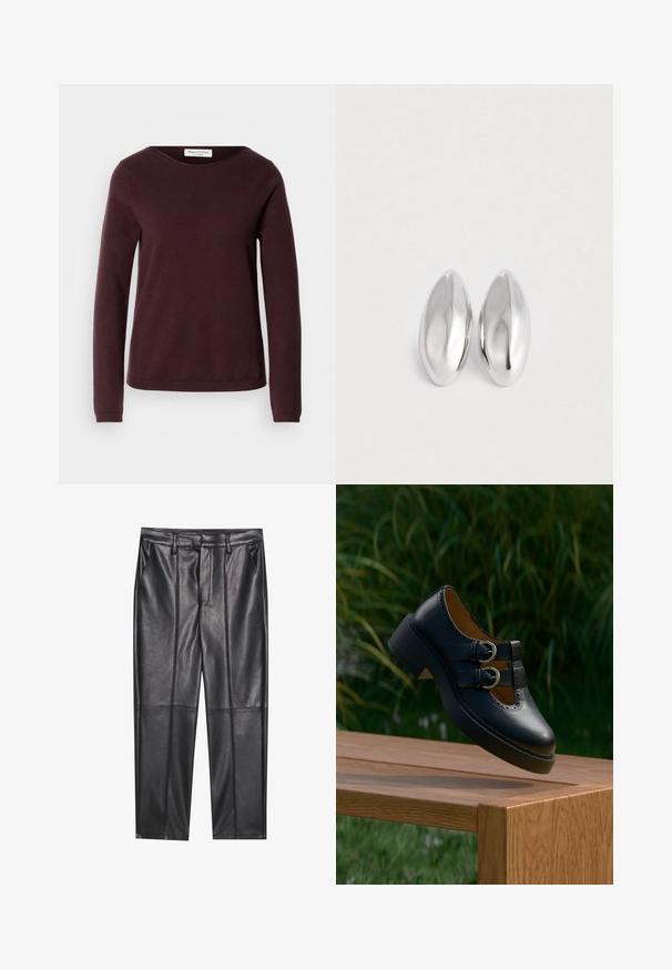 Pull bordeaux à manches longues avec un col rond, texture douce et design minimal. Présente des poignets côtelés et un ourlet droit.; Pantalons en cuir noir avec une texture lisse, présentant une coupe droite, deux poches avant et des coutures visibles.; Chaussure noire en cuir à double boucle avec des détails perforés flottant au-dessus d'un banc en bois à l'extérieur avec de l'herbe verte et des plantes en arrière-plan.; Paire d'objets ovales en argent luisant et lisse disposés côte à côte sur un fond blanc uni.
