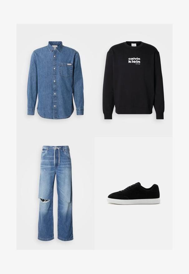 Čierna mikina vyrobená z bavlny s okrúhlym výstrihom. Na prednej strane sú biele nápisy "calvin klein" a "New York City".; Džínsová košeľa v stredne modrej farbe s golierom na gombíky, dlhými rukávmi, prednou vreckom a bielymi gombíkmi. Má mierne zakrivený lem.; Svetlomodré džíny s voľným strihom, so bielym šnúrkovým pásom a výraznými roztrhnutiami na prednej strane, ktoré odhaľujú rozstrapkané okraje.; Čierna nízka teniska so šnurovaním vpredu, jemné logo "ck" na boku a hrubá biela gumová podrážka na jednoliatom svetlom pozadí.