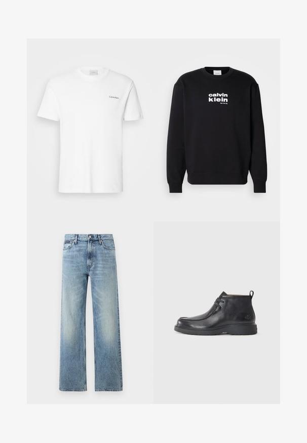 Sweat-shirt noir en coton avec un col rond. Présente le logo blanc "calvin klein" et "New York City" imprimé sur le devant.; T-shirt en coton blanc à manches courtes et col rond. Présente un petit logo noir "Calvin Klein" sur la poitrine gauche.; Jean droit en denim bleu clair avec taille haute, cinq poches, fermeture à boutons et léger délavage sur les cuisses et les genoux.; Bottes noires en cuir à talon arrondi, avec un design à lacets et une languette à l'arrière. Tige texturée et semelle en caoutchouc.
