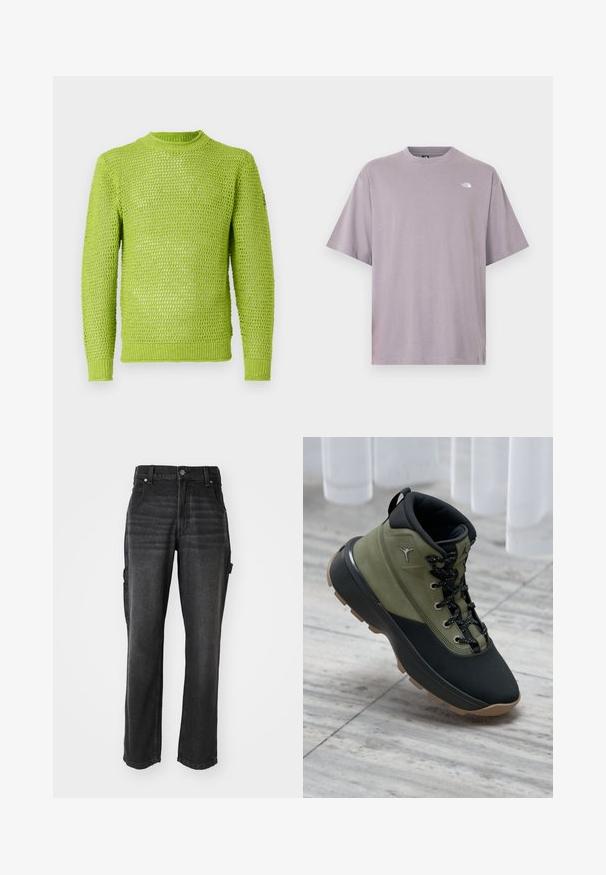 Striktrøje i lys limegrøn; har et løst væv, rund halsudskæring og ribkantede ærmer og forneden. Struktureret mønster over det hele.; Kortærmet, rundhalset t-shirt i lyse lilla bomuld med et lille hvidt logo på øverste venstre bryst. Glat tekstur, afslappet pasform.; Sorte denim cargo bukser med lige ben, der har sidelommer, en metalknaplukning og tonede syninger. Teksturstof.; Høje grønne og sorte sneakers har en struktureret overflade, polstret krave, sorte snørebånd med hvide prikker og en gummisål med en lys farvet kant.