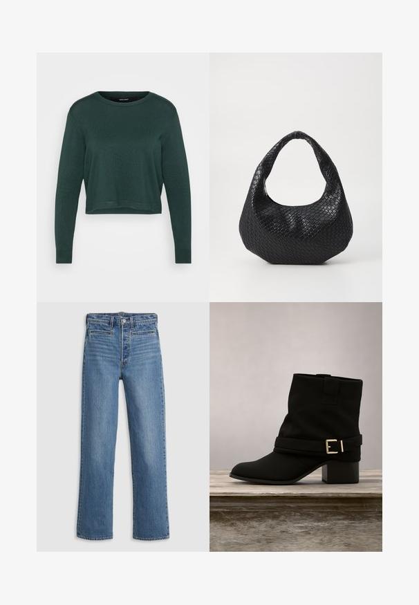 Mørkegrøn cropped sweater med rund hals og lange ærmer, prydet med en strikket tekstur samt ribkant ved kantene og ærmerne.; Lys blå, lige ben jeans lavet af denim. Funktioner inkluderer en knaplukning, fem lommer og diskret slid. Ingen udsmykninger eller mønstre.; Sort ankelstøvle lavet af glat materiale med en foldet top, bred rem med en guldbeslået spænde og lav hæl.; Sort flettet håndtaske med et buet håndtag, der har en struktureret overflade og en afslappet form. Glat finish med en organisk silhuet.