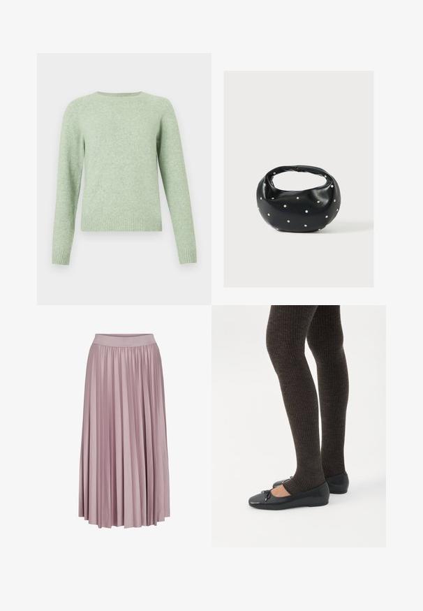 Lysegrøn sweater med lange raglanærmer, rund halsudskæring og ribbet kant. Blød tekstur, ensartet farve og enkelt design.; Plisseret lang nederdel i blødt lyserødt stof med elastisk talje. Den glatte tekstur og det svungne design fremhæver dens samlede form.; Ben iført mørke ribbede leggings kombineret med sorte balletsko med små sløjfedetaljer på hvid baggrund.; Sort læderhåndtaske med en rundet form, dekoreret med sølvnitter, og et kort håndtag. Glat tekstur og lynlåslukning.