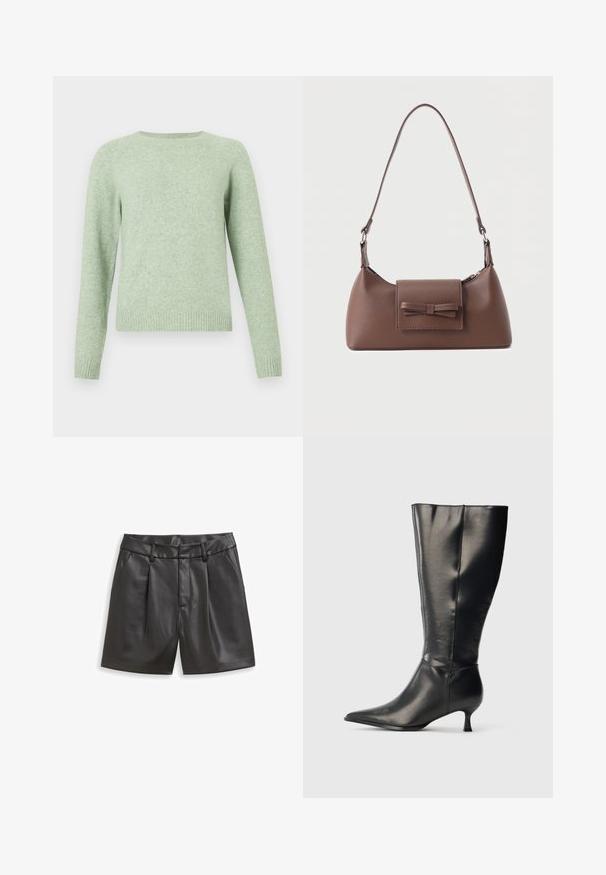 Pull vert clair avec manches longues raglan, un col rond et un ourlet côtelé. Texture douce, couleur uniforme et design simple.; Shorts en cuir noir avec une texture lisse, présentant une taille classique, des plis à l'avant et des poches latérales, offrant une coupe structurée.; Botte en cuir noire montant jusqu'au genou, avec un bout pointu et un petit talon bas, présentée sur un fond clair uni.; Sac à bandoulière en cuir marron avec une poche à rabat avant ornée d'un détail en forme de nœud cousu et une sangle réglable.