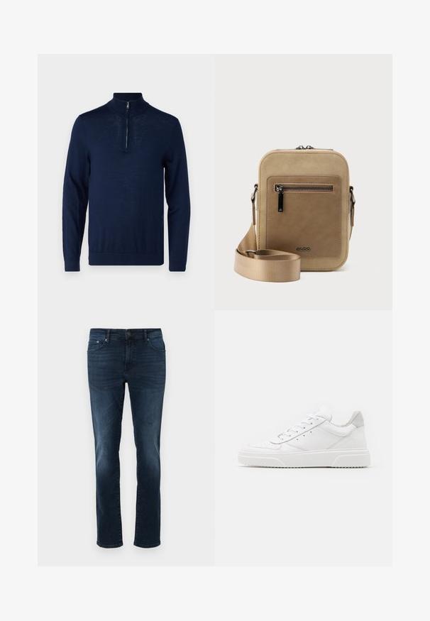 Navyblaues Langarm-Pullover mit einem Viertel-Reißverschluss-Kragen. Glatte Textur, körperbetontes Design, minimale Nahtdetails und keine sichtbaren Logos.; Dunkelblaue Jeans aus Denim mit geradem Schnitt, mittlerer Leibhöhe, fünf Taschen und Stichdetails. Glatte Textur mit leicht ausgebleichten Akzenten.; Weiße Leder-Sneaker mit glatter Oberfläche, rundem Zehenbereich, flachen Schnürsenkeln und strukturiertem Schuhsohlen. Graues Wildleder-Detail an der Ferse.; Kleine beige Umhängetasche mit vorderer Reißverschlusstasche, metallischem ALDO-Logo, verstellbarem breitem Riemen und abgerundeter rechteckiger Form vor weißem Hintergrund.