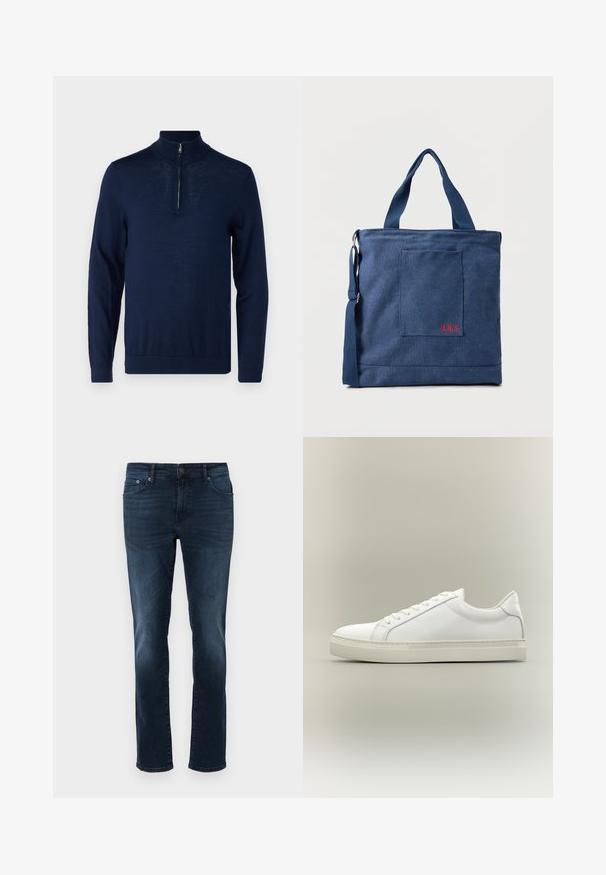 Navyblaues Langarm-Pullover mit einem Viertel-Reißverschluss-Kragen. Glatte Textur, körperbetontes Design, minimale Nahtdetails und keine sichtbaren Logos.; Dunkelblaue Jeans aus Denim mit geradem Schnitt, mittlerer Leibhöhe, fünf Taschen und Stichdetails. Glatte Textur mit leicht ausgebleichten Akzenten.; Weißer Sneaker mit niedrigem Schaft, vorn mit Schnürung und dicker Sohle, aus der Seitenansicht vor neutralem Hintergrund.; Blauer Canvas-Einkaufstasche mit Vordertasche und roter "O.N.S" Stickerei, ausgestattet mit zwei Griffen und einem verstellbaren Schulterriemen.