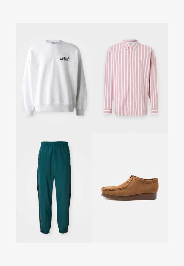 Hele hall sweatshirt ümmarguse kaeluse, soonikute ja äärtega. Vasakul rinnal on must "Wittopia" logo. Pehme tekstuur.; Roosa-valge triibuline nööpidega särk. Omab kraed, pika varrukaga ja väikese logoga. Valmistatud kootud kangast.; Türkis värvi spordipüksid, millel on nööriga vöökoht, elastsed mansetid ja mustad triibud külgedel. Valmistatud kergest kangast, logoga puusade lähedal.; Pruun scuunist paeltega mokassiin, mis on paksu tumeda tallaga, külgvaade ühetaustal heledal taustal.