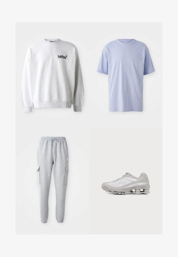 Hellgrauer Sweatshirt mit Rundhalsausschnitt, gerippten Bündchen und Saum. Verfügt über ein schwarzes "Wittopia"-Logo auf der linken Brustseite. Weiche Textur.; Hellblaues Baumwoll-T-Shirt mit Rundhalsausschnitt und kurzen Ärmeln. Mit einem geprägten "Nike"-Logo auf der Vorderseite in der Mitte. Weicher Stoff.; Graue Sweatpants aus weichem Material, mit elastischem Bund und Kordelzug, zwei seitlichen Cargo-Taschen und schmal zulaufenden Bündchen.; Grauer und weißer Sportschuh mit sichtbarer Luftpolstersohle und Mesh-Einsätzen, im Profil auf einfachem hellem Hintergrund gezeigt.