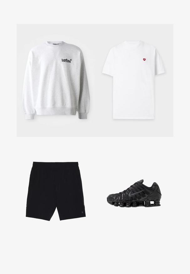 Hellgrauer Sweatshirt mit Rundhalsausschnitt, gerippten Bündchen und Saum. Verfügt über ein schwarzes "Wittopia"-Logo auf der linken Brustseite. Weiche Textur.; Schlichtes weißes T-Shirt mit kurzen Ärmeln und kleinem rotem Herz-Emblem auf der linken Brustseite vor hellgrauem Hintergrund.; Schwarze Shorts aus leichtem Material mit einem elastischen Bund, zwei seitlichen Taschen und einem kleinen Logo auf der unteren rechten Seite.; Schwarze Sportschuhe aus Mesh- und synthetischen Materialien mit einem markanten wellenförmigen Design, schwarzer Gummisohle und reflektierenden Akzenten.