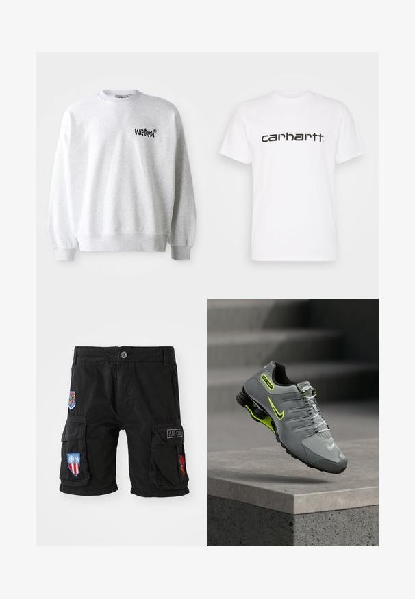 Lys grå sweatshirt med rund halsudskæring, ribbede manchetter og kant. Har sort "Wittopia" logo på venstre brystområde. Blød tekstur.; Hvid bomulds t-shirt med korte ærmer og rund halsudskæring. Har et stort "carhartt" logo i mørkebrun på tværs af brystet.; Sorte cargo shorts lavet af bomuld, med flere lommer, broderede lapper i rød, blå og grøn, og en knaplukning i taljen.; Grå og neongrøn Nike Shox sneaker svæver over en betonafdækning med synlig fjedrende støddæmpning på sålen.