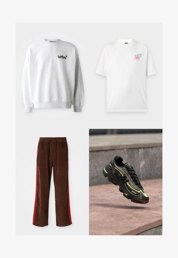 Lichtgrijze sweatshirt met een ronde halslijn, ribgebreide manchetten en zoom. Voorzien van een zwart "Wittopia" logo op de linkerborst. Zachte textuur.; Witte korte mouw New Balance T-shirt met een klein roze en petrolkleurig "New Balance Running" logo op de linkerborst.; Bruine corduroy broek met een elastische tailleband, voorzien van rode zijkanten en rechte pijpen. Gelaagd stof met subtiele ribbel-details.; Zwart-gele New Balance 1000 sneaker die boven een roze stenen oppervlak hangt, met een grijze stenen muur op de achtergrond.