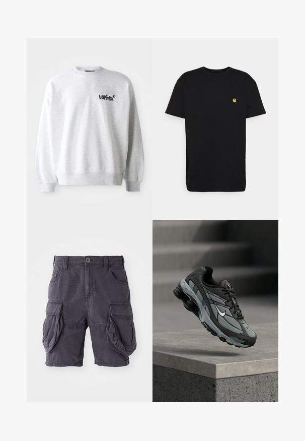 Lichtgrijze sweatshirt met een ronde halslijn, ribgebreide manchetten en zoom. Voorzien van een zwart "Wittopia" logo op de linkerborst. Zachte textuur.; Zwarte katoenen t-shirt met korte mouwen, ronde hals en een klein geel logo op de linker borst. Eenvoudig ontwerp en normale pasvorm.; Cargo shorts van donkergrijs katoen, met een klassieke pasvorm, meerdere zijzakken en een sluiting met een knoop aan de voorkant. Glad textuur.; Grijze en zwarte sportieve sneaker met meshpanelen en dikke zool, zwevend in de lucht boven een betonnen richel met trappen op de achtergrond.