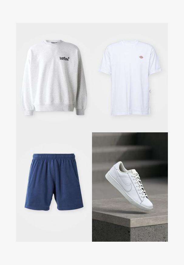 Hele hall sweatshirt ümmarguse kaeluse, soonikute ja äärtega. Vasakul rinnal on must "Wittopia" logo. Pehme tekstuur.; Valge puuvillane T-särk, millel on V-kaelus ja lühikesed varrukad. Ees vasakul rinnal on väike värvikas tikand. Pehme tekstuur.; Tumesinised lühikesed püksid, mis on valmistatud pehmest puuvilla segust, elastse vöökoha, küljetaskute ja sirge lõikega. Ideaalne igapäevaseks kandmiseks.; Valge nahast toss nööride ja Nike swoosh logo ning hõljumas betoonserva kohal õues.