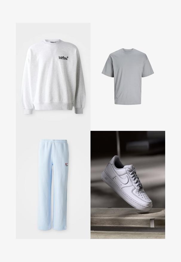 Lys grå sweatshirt med rund halsudskæring, ribbede manchetter og kant. Har sort "Wittopia" logo på venstre brystområde. Blød tekstur.; Lysegrå kortærmet t-shirt lavet af glat bomuldsstof, med rund hals og en afslappet pasform uden synlige mønstre eller logoer.; Lysblå joggebukser med elastisk talje, prydet med et lille rødt Nike-logo og teksten "Athletic Department". Blødt bomuldsstof.; Hvid læder Nike Air Force 1 sneaker med perforeret tå, flade snørebånd og tekstureret gummisål med "AIR" branding på siden.