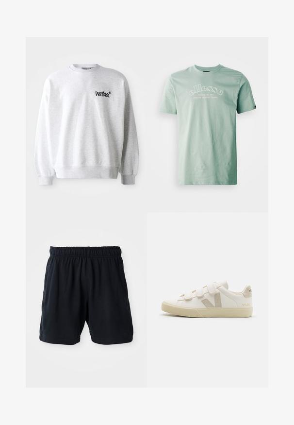 Hele hall sweatshirt ümmarguse kaeluse, soonikute ja äärtega. Vasakul rinnal on must "Wittopia" logo. Pehme tekstuur.; Ellesse QUESCO TEE - Trükipildiga T-särk - green; Mustad mustad spordilühikesed püksid, mis on valmistatud pehmest kangast, elastse vöökoha ja kahe küljetaskuga mugavuse nimel.; Valged nahast spordijalatsid, millel on Velcro rihmad, beežid aktsendid, ümar varvas, tekstuuriga kummitald ja reljeefne logo. Minimaalses stiilis.