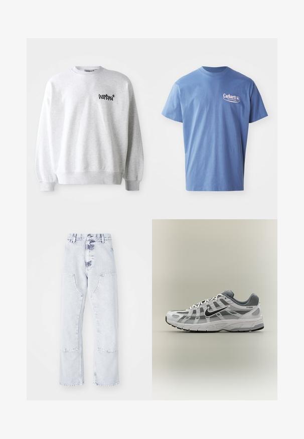 Hellgrauer Sweatshirt mit Rundhalsausschnitt, gerippten Bündchen und Saum. Verfügt über ein schwarzes "Wittopia"-Logo auf der linken Brustseite. Weiche Textur.; Blaues Baumwoll-T-Shirt mit Rundhalsausschnitt, kurzen Ärmeln und einem rosa Carhartt-Logo auf der linken Brust. Sanfte Textur, lässiges Design.; Hellblaue Denim-Jeans im Straight-Leg-Schnitt mit aufgesetzten Taschen, hoher Taille und einem verwaschenen Finish. Mit tonalem Nähen und einem lässigen Schnitt.; Weißer und grauer Nike P-6000 Sneaker mit schwarzem Swoosh, Netzpaneelen und strukturierter Sohle, seitlich auf neutralem Hintergrund dargestellt.