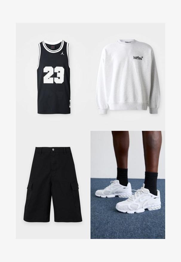 Lys grå sweatshirt med rund halsudskæring, ribbede manchetter og kant. Har sort "Wittopia" logo på venstre brystområde. Blød tekstur.; Sort basketballtrøje, fremstillet af mesh-stof, ærmeløs design. Har hvidt nummer "23" og accenter. Logoet er synligt øverst til venstre.; Svarte cargo shorts lavet af slidstærkt stof. Indeholder to sidelommer, en lynlåsgylp og en simpel talje med en metalknap.; Hvide atletik-sko med mesh-overdel, teksturerede accenter og polstret sål. Parret med sorte ribbede ankelstrømper på en blå tæppebelagt overflade.