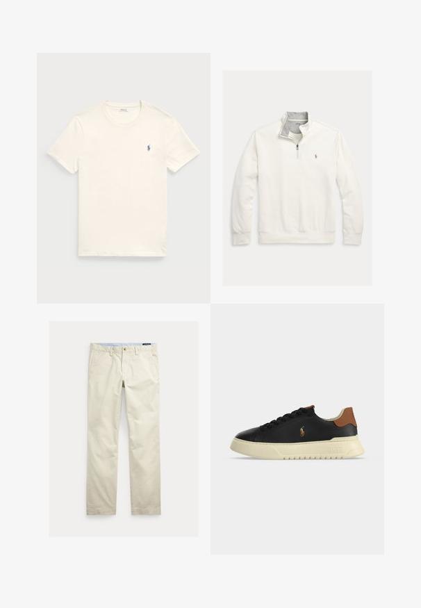 Witte trui met lange mouwen en een kwart ritssluiting, grijze binnenkraag en klein geborduurd paardenlogo op de linkerborst.; Crème-kleurig katoenen t-shirt met een ronde hals en korte mouwen. Heeft een klein blauw geborduurd logo op de linkerborst.; Beige katoenen broek met rechte pijpen, riemlussen, voorste knoop, ritssluiting en zijzakken.; Zwarte lage leren sneaker met beige zool, bruine hieltab en klein geborduurd polo speler logo aan de zijkant.