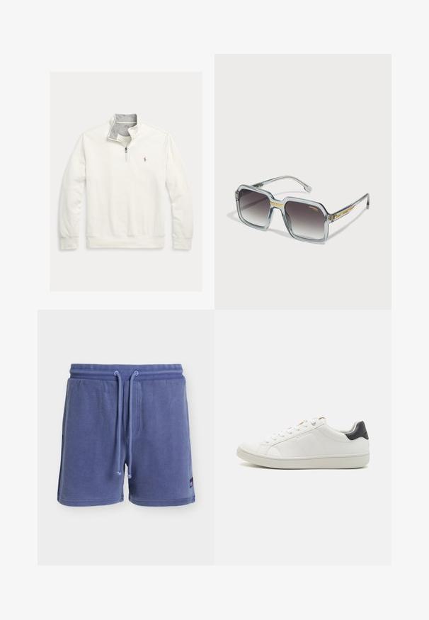 Weißer Pullover mit langen Ärmeln und Viertelreißverschluss, grauem Innenkragen und kleinem besticktem Pferdelogo auf der linken Brust.; Blaue Shorts aus strukturiertem Stoff mit einem Kordelzug in der Taille und einem kleinen rechteckigen Logopatch unten rechts.; Weiße Leder-Sneaker mit abgerundetem Zeh, flacher Gummisohle, seitlichen Nahtdetails und einem kontrastierenden dunklen Fersenakzent. Schnürsenkel mit metallischen Ösen.; Graue rechteckige Sonnenbrille mit verlaufenden Gläsern, transparentem Rahmen und goldenen Akzenten an den Schläfen. Sie zeichnet sich durch ein auffälliges, geometrisches Design aus.