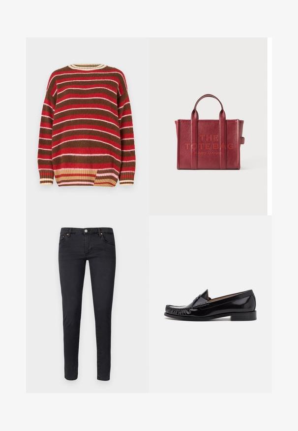 Strikketrøje med horisontale striber i rød, pink, brun og krem. Rund halsudskæring med ribbet kant og en løs pasform.; AG Jeans Jeans Skinny Fit - anthracite black; Sorte læder moccasin sko med en skinnende finish, der har frynsedetaljer langs fronten og en lav stabelhælk.; Rød læder tote taske med to håndtag og "THE TOTE BAG MARC JACOBS" præget på forsiden i midten.