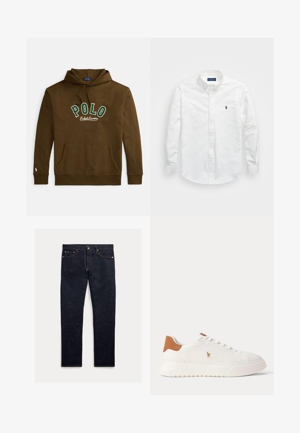 Brauner Kapuzenpullover mit Kordelzug, Fronttasche, "POLO Ralph Lauren" in Grün und Weiß auf der Brust gestickt und kleinem weißem Logo auf dem Ärmel.; Weißes Button-Down-Hemd aus Baumwolle. Verfügt über einen spitzen Kragen, lange Ärmel und ein kleines marineblaues Logo auf der Brust. Glatte Textur.; Dunkle Jeans aus Denim mit geradem Schnitt, fünf Taschen, orangefarbener Naht und Knopfleiste. Das Gewebe hat eine glatte Textur.; Weißer Sneaker mit niedrigem Schaft, beige Fersenlasche, weißen Schnürsenkeln und kleinem, besticktem Polospieler-Logo an der Seite über einer dicken Sohle.