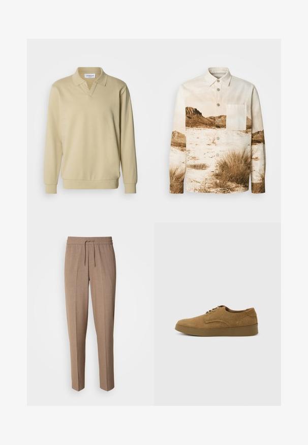 Beige poloshirt met lange mouwen en een kraag, voorzien van een v-hals en geribbelde manchetten. Gemaakt van zachte stof met een gladde textuur.; Overhemd met knopen van katoen, voorzien van een sepia-kleurige landschapafdruk, een borstzak en zilveren knopen aan de voorkant.; Bruine, geweven stoffen broek met een relaxte pasvorm, trekkoord taille en plooien aan de voorkant. Rechte pijpen en geen zichtbare zakken of hardware.; Bruine suède veterschoen voor vrijetijdskleding met een platte rubberen zool, zijaanzicht tegen een eenvoudige lichte achtergrond.