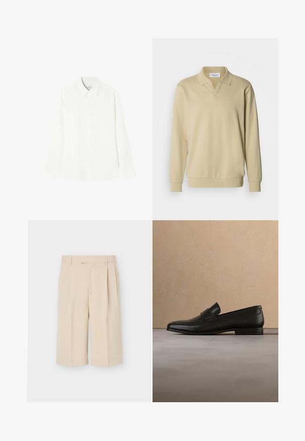 Polo beige à manches longues avec col, présentant un décolleté en V et des poignets côtelés. Confectionné dans un tissu doux au toucher lisse.; Chemise blanche à manches longues en tissu lisse, avec une fermeture à boutons sur le devant, un col classique et un ourlet droit avec des côtés arrondis.; Shorts beige ajustés mi-genou avec passants de ceinture et plis à l'avant sur un fond uni clair.; Mocassin en cuir noir présenté en lévitation au-dessus d'un tapis beige avec un canapé beige en arrière-plan.