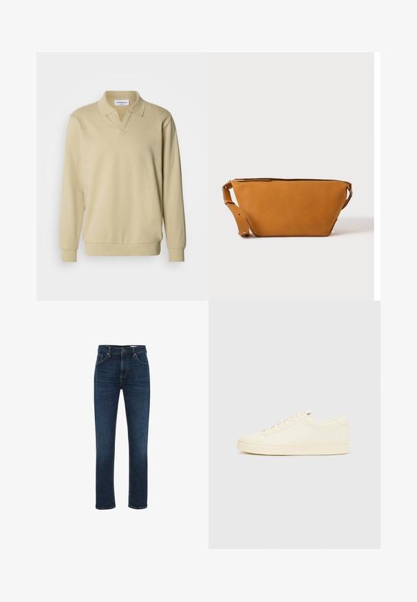 Beige langærmet polo med krave, der har en v-udskæring og ribstrikkede manchetter. Fremstillet af blødt stof med en glat tekstur.; WE Fashion BLUE RIDGE - Jeans Straight Leg - dark blue; Sneaker i cremefarve med en glat læderoverdel, rundet tå, snørelukning foran og en tekstureret gummisål. Minimalistisk design uden logoer.; Lys brun læder crossbody taske med justerbar rem og lynlås, vist mod en ensartet lys baggrund.