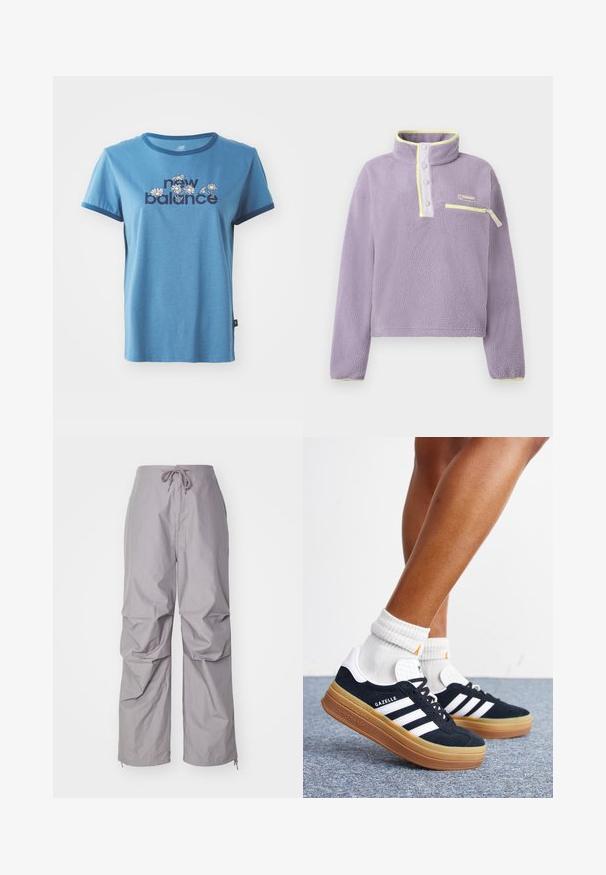 Sudadera de forro polar lavanda con cuello de botones a presión, ribete amarillo y bolsillo horizontal con cremallera en el pecho izquierdo, exhibida sobre fondo blanco.; Camiseta de algodón azul con mangas cortas, ribete en color marino, que presenta el texto "new balance" y diseños florales en blanco y amarillo en la parte frontal.; Pantalones grises de corte suelto, hechos de una tela ligera, con cinturilla ajustable y puños ajustados con cremalleras. Acabado texturizado.; Piernas con calcetines blancos y zapatillas Adidas Gazelle negras con rayas blancas y suelas marrones gruesas sobre un suelo alfombrado gris.