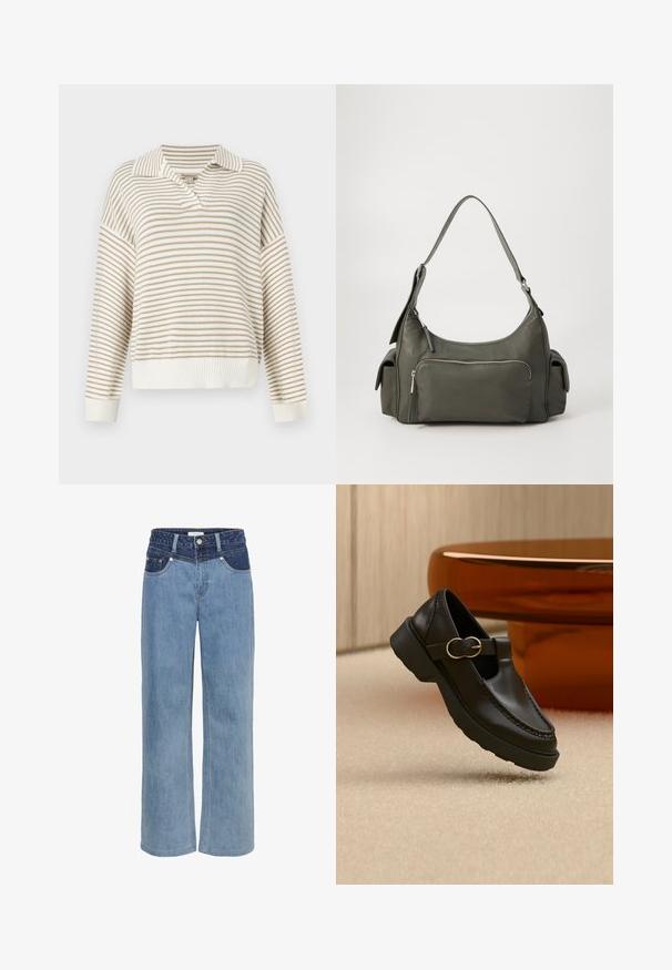 Langarmige trui met crème- en beige strepen, geribde kraag, manchetten en tailleband, met een losse pasvorm en een open V-hals.; Lichtblauwe denim wijde jeans met een hoge taille, vijf-pocket ontwerp en een contrasterende donkerblauwe patch aan de voorkant.; Zwarte leren loafer met een gouden gesp, dikke zool, zwevend boven een beige tapijt met een bruine houten tafel op de achtergrond.; Groene leren schoudertas met een gebogen ontwerp, met een ritsvak aan de voorkant en extra zijvakken. Gladde textuur en minimale hardware.