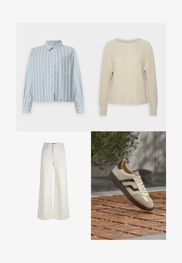 Lichtroze gebreide trui met een ronde halslijn, raglanmouwen en ribgebreide manchetten. De stof is zacht met een ontspannen pasvorm en minimale details.; Lichtblauw, cropped shirt met witte verticale strepen, een knoopsluiting aan de voorkant, kraag en een borstzak aan de linkerkant. Gemaakt van een zachte, gestructureerde stof.; Witte denim jeans met hoge taille en brede pijpen, voorop met knoop- en ritssluiting, riemlussen en zakdetails.; Beige sneaker met bruine getextureerde strepen en zool, crèmekleurige veters, gefotografeerd boven een houten en stenen patroon buiten.