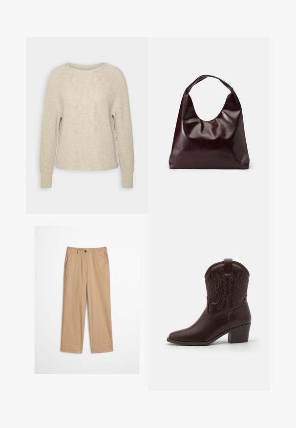 Lyserød strikket sweater med rund halsudskæring, raglanærmer og ribbede manchetter. Teksturen er blød med en afslappet pasform og minimal detaljering.; Beige bomuldsbukser med lige ben, knaplukning foran og en glat tekstur. Har standard bærestropper og flad frontdesign.; Brune læder cowboystøvler med spidse tæer, præget vinge mønster, en midhøj blokhæl og en pull-tab bagpå.; Bordeaux, skinnende vegansk læder tote taske med en blød, skulpturel form og et bredt, buet håndtag for nem bæring.