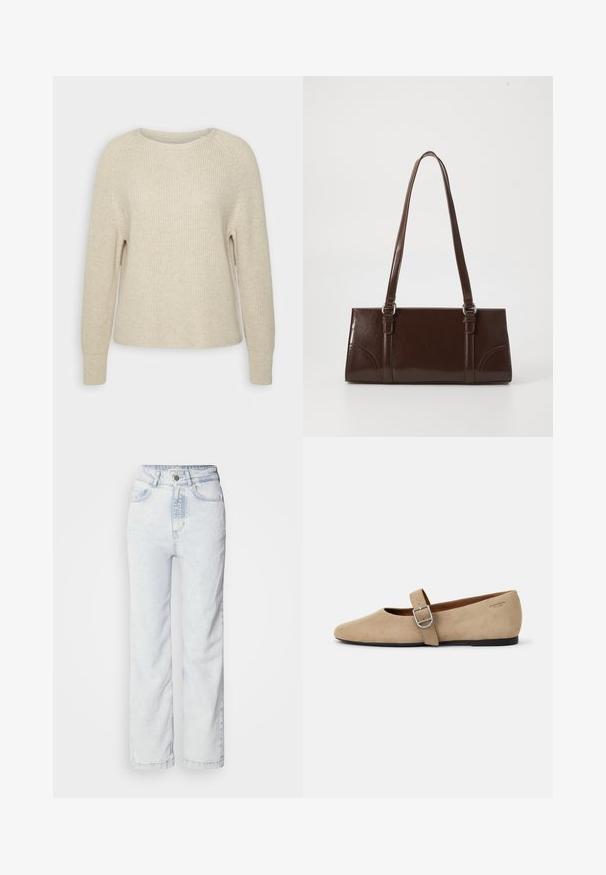 Lyserød strikket sweater med rund halsudskæring, raglanærmer og ribbede manchetter. Teksturen er blød med en afslappet pasform og minimal detaljering.; Lysblå højtaljede jeans med lige ben, lavet af denim. Har en knapåbning, fem-lomme design og en diskret falmet tekstur.; Beige ruskind Mary Jane flade sko med spids tå og et enkelt justerbart strop med en sølv spænde. Sort flad sål.; Brun lakeret håndtaske med rektangulær form, to lange håndtag og subtile buede detaljer på fronten.