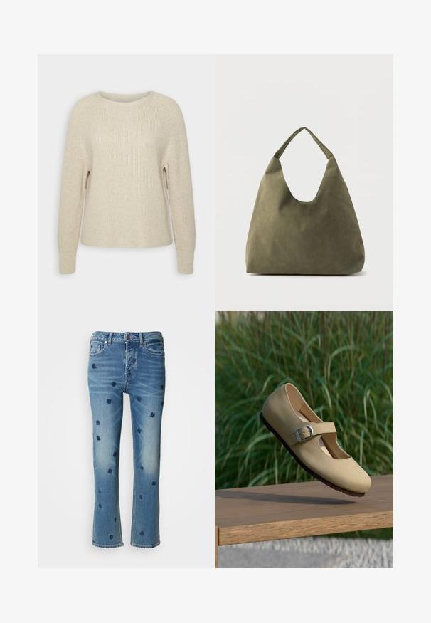 Hellrosa Strickpullover mit rundem Ausschnitt, Raglanärmeln und gerippten Bündchen. Die Textur ist weich, der Schnitt locker und die Details sind minimal.; Hellblaue Jeans aus Denim mit geradem Bein, verziert mit navyblauer floralem Stickerei und einem Used-Look-Effekt nahe den Taschen und dem Saum.; Beiger Mary Jane Schuh mit silberner Schnalle, der über einer Holzbank schwebt, im Hintergrund unscharfes grünes hohes Gras.; Weiche Schultertasche aus olivgrünem Leder mit einem breiten, einzelnen Träger und einer entspannten, unstrukturierten Form auf hellem Hintergrund.