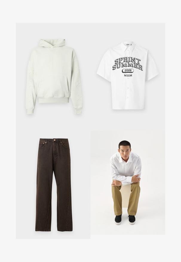 Hoodie gris clair avec une poche avant, broderie d'étoiles sur les manches, poignets et ourlet côtelés, et une capuche avec cordon de serrage. Matière coton douce.; Chemise blanche à manches courtes avec boutons, imprimée de "SPRINT SUMMER 2026" et "MSGM" en noir sur le devant.; Jeans en denim marron foncé avec une coupe droite, comportant cinq poches, un bouton en cuivre et des détails de couture subtils.; Jeune homme en chemise blanche rayée et pantalon kaki assis penché en avant sur un tabouret, bras croisés, regardant droit devant sur un fond blanc.