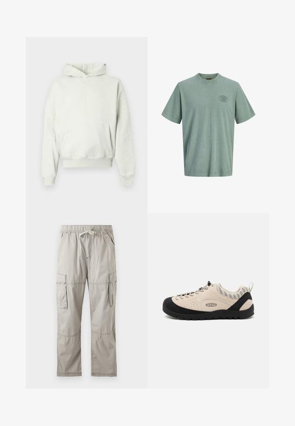 Lysegrå hoodie med en frontlomme, stjernesyninger på ærmerne, ribbede manchetter og bund samt en hætte med snøre. Blød bomuldsstof.; Lysegrøn kortærmet t-shirt med et lille ovalt Jack & Jones Premium-logo på venstre bryst, enkel front, rund hals.; Lysegrå cargobukser med elastisk talje, snøre, sidelommer og klaplommer på lårene, fladt lagt på hvid baggrund.; Beige ruskindsko med sort gummitåhætte og sål, med snøredesign og åndbare mesh-detaljer på hælen.