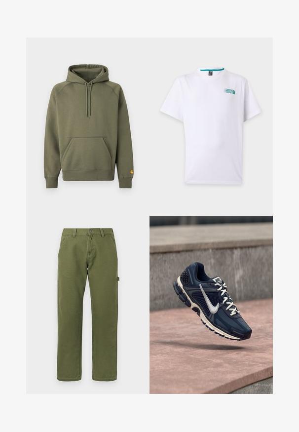 Olijfgroene hoodie gemaakt van een zachte katoenmix, met een kangoeroezak, verstelbare capuchon met trekkoord en geribbelde manchetten.; Wit T-shirt met korte mouwen, met klein turkoois The North Face-logo op de linkerborst en een ronde hals.; Rechstreekse olijfgroene broek met voorzakken, riemlussen, knoopsluiting en een zijlus voor hulpmiddelen op een effen achtergrond.; Marineblauwe sportschoen met een gestructureerde bovenkant, zilveren Nike swoosh, mesh accenten en eengeveerde zool. Beschikt over standaard veters en een rubberen buitenzool.