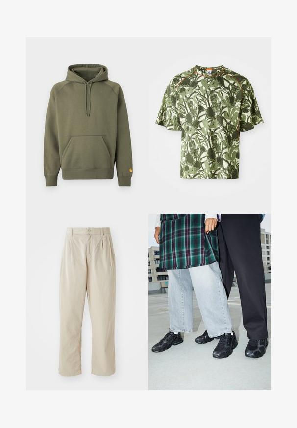 Olivengrøn hættetrøje lavet af blødt bomuldsblanding, med en kængurulomme, justerbar snøre i hætten og ribstrikkede manchetter.; Grøn kortærmet t-shirt med et struktureret bladmønster, der har en orange detalje ved kraven og en afslappet pasform. Lavet af åndbart materiale.; Beige, lette bukser med en afslappet pasform, indsyede folder foran, knaplukning og opbrettede kanter. Glat tekstur, minimalistisk design.; Sorte atletik sko med mesh- og gummidetaljer. Båret med lysegrå vide jeans og en ternet grøn bluse. Flad overflade i baggrunden.