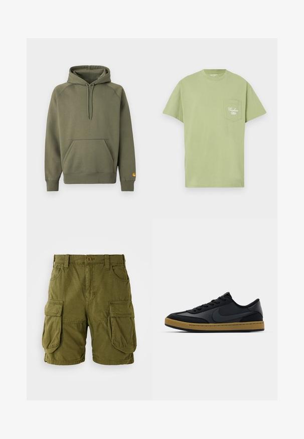 Olijfgroene hoodie gemaakt van een zachte katoenmix, met een kangoeroezak, verstelbare capuchon met trekkoord en geribbelde manchetten.; Lichtgroen katoenen T-shirt met korte mouwen, ronde hals en een borstzakje met witte geborduurde tekst. Eenvoudig, onopgesmukt ontwerp.; Olijfgroene cargo shorts van katoenmix. Voorzien van twee grote zijzakken en een knoopsluiting met riemlussen. Glad textuur.; Zwarte leren sneaker met een laag ontwerp, vetersluiting, rubberen zool en gumkleurige accenten. Voorzien van een zijlogo en gestructureerde materialen.