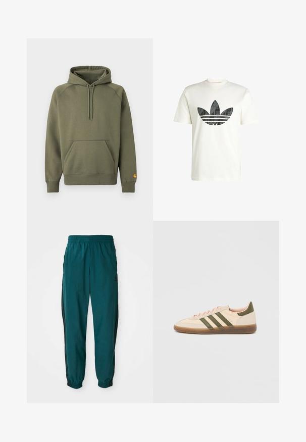 Olivengrøn hættetrøje lavet af blødt bomuldsblanding, med en kængurulomme, justerbar snøre i hætten og ribstrikkede manchetter.; Hvid T-shirt med korte ærmer med stort sort Adidas trefoil-logo med et subtilt mønster på brystet.; Teal sportsbukser med snoretræk i taljen, elastiske manchetter og sorte striber på siden. Lavet af letvægtsstof med et logo nær hoften.; Beige Adidas Spezial sneaker med lav profil, grønne striber, gummisål og "SPEZIAL"-branding på siden, vist fra ydersiden.