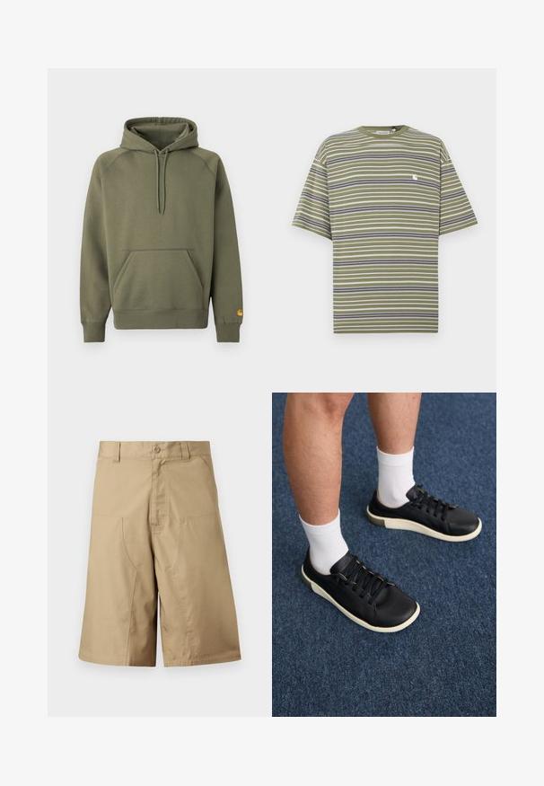 Sudadera con capucha de color verde oliva hecha de una suave mezcla de algodón, con bolsillo tipo canguro, capucha ajustable con cordón y puños acanalados.; Camiseta de manga corta a rayas en verde oliva con rayas horizontales blancas, azul marino y grises; cuenta con un pequeño logo blanco en el pecho.; Pantalones cortos caqui de corte recto, confeccionados con tela ligera, con dos bolsillos delanteros y cierre de botón en la cintura.; Zapatilla negra de cuero liso, con una suela blanca, seis ojales con cordones negros y un sutil acento beige en el talón.