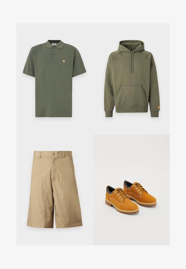 Sweat à capuche vert olive en mélange de coton doux, doté d'une poche kangourou, d'une capuche à cordon ajustable et de poignets côtelés.; Polo vert olive en coton, avec un col à revers, deux boutons et un petit logo jaune sur le côté gauche de la poitrine. Manches courtes.; Shorts kaki à coupe droite, confectionnés dans un tissu léger, dotés de deux poches avant et d'une fermeture par bouton à la taille.; Chaussures en daim marron avec un bout rond, des lacets jaunes, un col rembourré noir et des semelles en caoutchouc avec des rainures de traction.