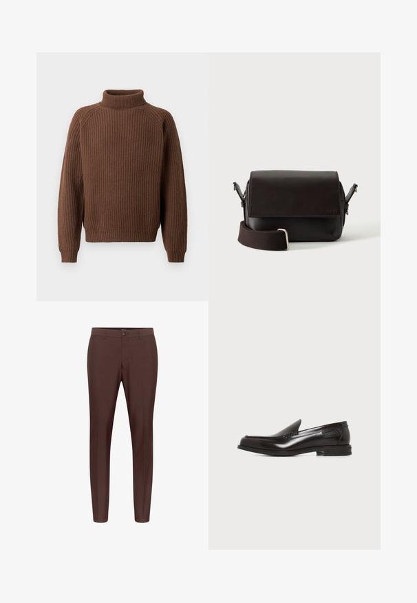 Libertine-Libertine Strickpullover - walnut; Braune maßgeschneiderte Hose mit flachem Frontdesign, Gürtelschlaufen und einem einzigen Knopfverschluss. Hergestellt aus einem glatten Stoff mit geradem Bein.; Schwarzer Lederschuh für Herren zum Hineinschlüpfen mit niedrigem Absatz und Steppnähten an Vorder- und Seitenpartie vor weißem Hintergrund.; Dunkelbraune Leder-Umhängetasche mit Klappenverschluss und verstellbarem Stoffriemen auf weißem Hintergrund.