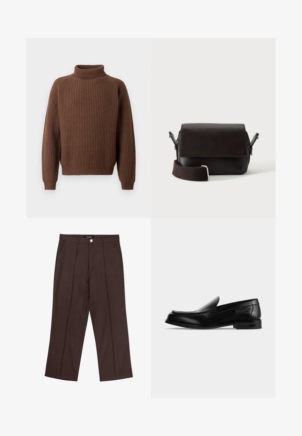 Libertine-Libertine Striktrøje - walnut; Brune lige ben bukser med frontfolder, lommer i siden, bæltestropper og en mærke knaplukning i taljen.; Sort læder slip-on loafer med lav hæl, rundet tå og dekorative syninger langs øverste kant.; Mørkebrun lædertaske med flaplukning og justerbar stofrem på hvid baggrund.